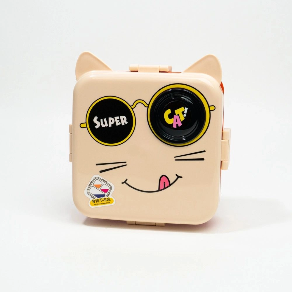 Cat with glasses plastic lunch box+spoon+sauce container